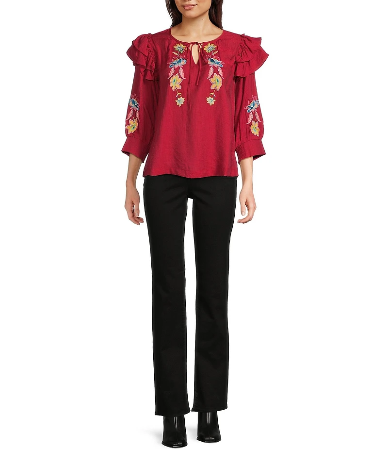 Calessa Patchwork Embroidered Split V-Neck 3/4 Sleeve Tunic