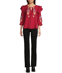Calessa Patchwork Embroidered Split V-Neck 3/4 Sleeve Tunic