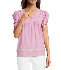Calessa Patchwork Embroidered Square Neck Short Sleeve Tunic