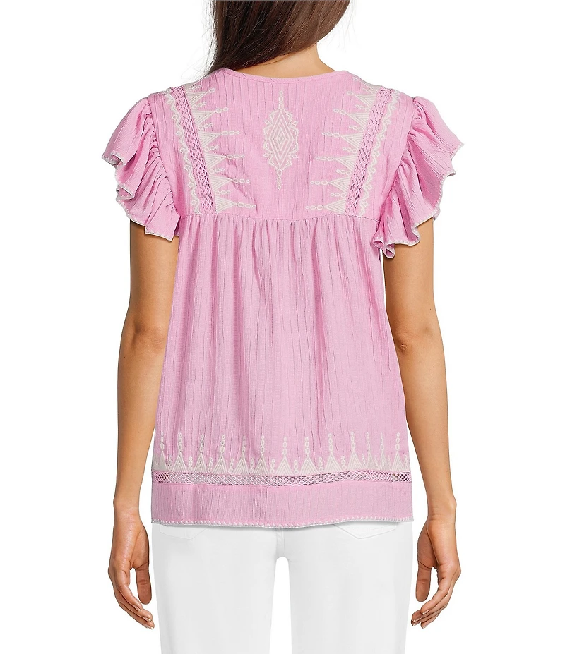 Calessa Patchwork Embroidered Square Neck Short Sleeve Tunic