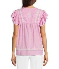 Calessa Patchwork Embroidered Square Neck Short Sleeve Tunic