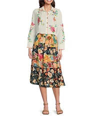 Calessa Patchwork Floral Print Midi Tiered A-Line Pull-On Skirt