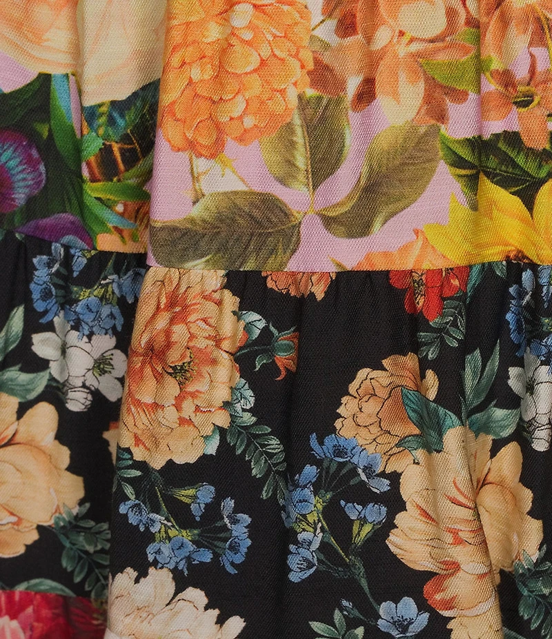 Calessa Patchwork Floral Print Midi Tiered A-Line Pull-On Skirt