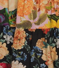 Calessa Patchwork Floral Print Midi Tiered A-Line Pull-On Skirt