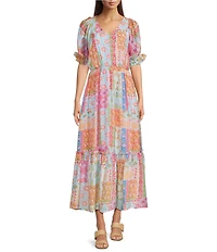 Calessa Patchwork Mosaic Print V-Neck Short Sleeve Tiered Maxi Dress