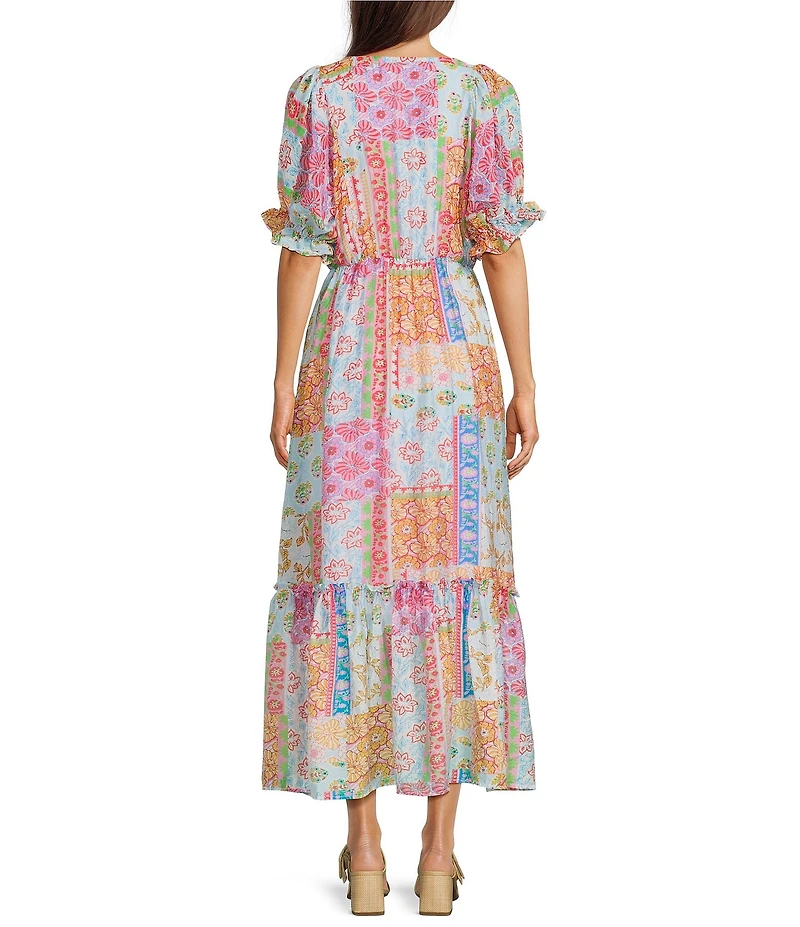 Calessa Patchwork Mosaic Print V-Neck Short Sleeve Tiered Maxi Dress