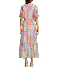 Calessa Patchwork Mosaic Print V-Neck Short Sleeve Tiered Maxi Dress