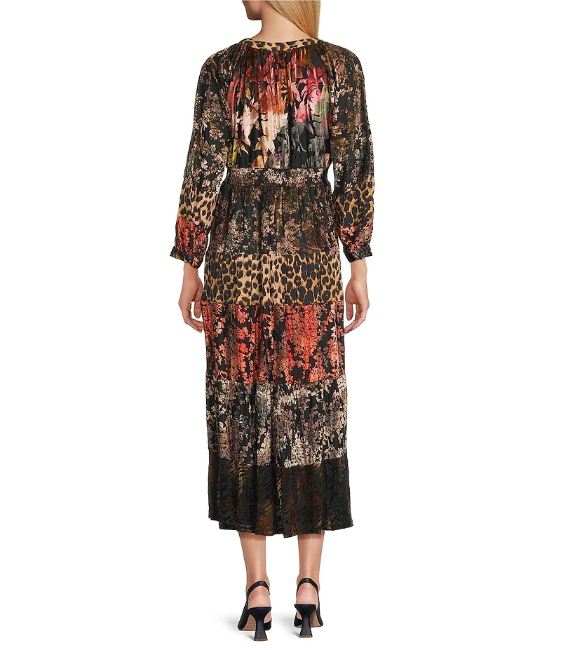 Calessa Patchwork Print Split V-Neck Wrist Sleeve Tiered Comfort Maxi Dress