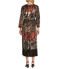 Calessa Patchwork Print Split V-Neck Wrist Sleeve Tiered Comfort Maxi Dress