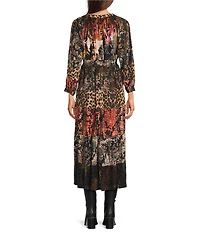 Calessa Patchwork Print Split V-Neck Wrist Sleeve Tiered Comfort Maxi Dress