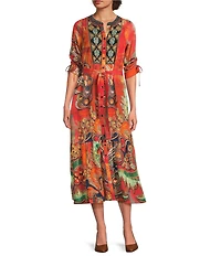 Calessa Petite Size Abstract Antique Embroidered V-Neck 3/4 Sleeve Button Front Midi Dress