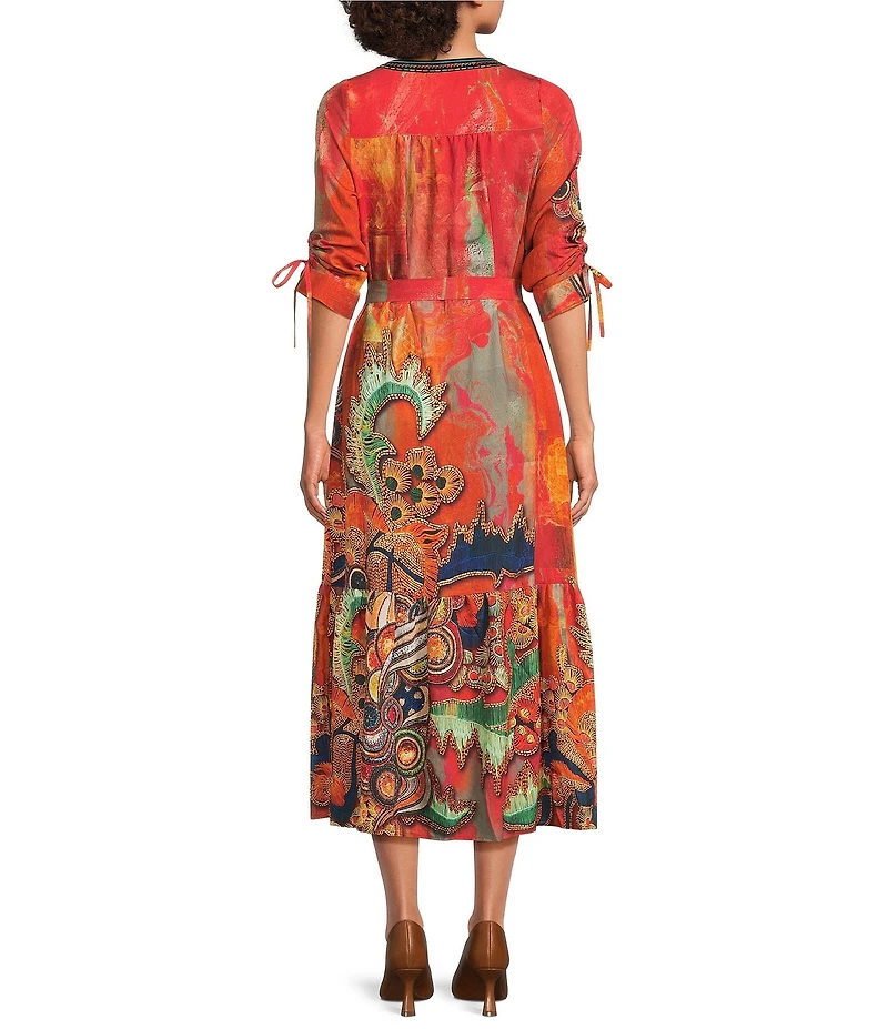 Calessa Petite Size Abstract Antique Embroidered V-Neck 3/4 Sleeve Button Front Midi Dress