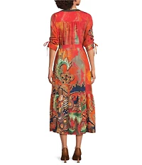 Calessa Petite Size Abstract Antique Embroidered V-Neck 3/4 Sleeve Button Front Midi Dress