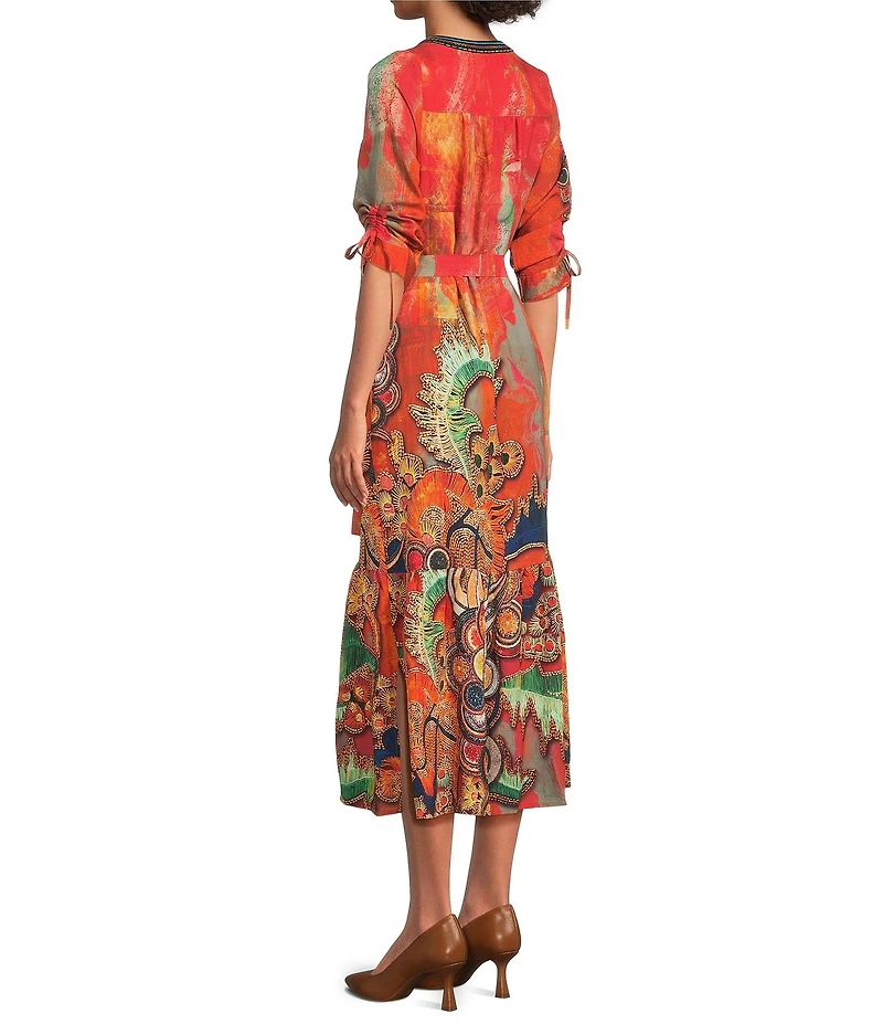 Calessa Petite Size Abstract Antique Embroidered V-Neck 3/4 Sleeve Button Front Midi Dress