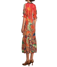 Calessa Petite Size Abstract Antique Embroidered V-Neck 3/4 Sleeve Button Front Midi Dress