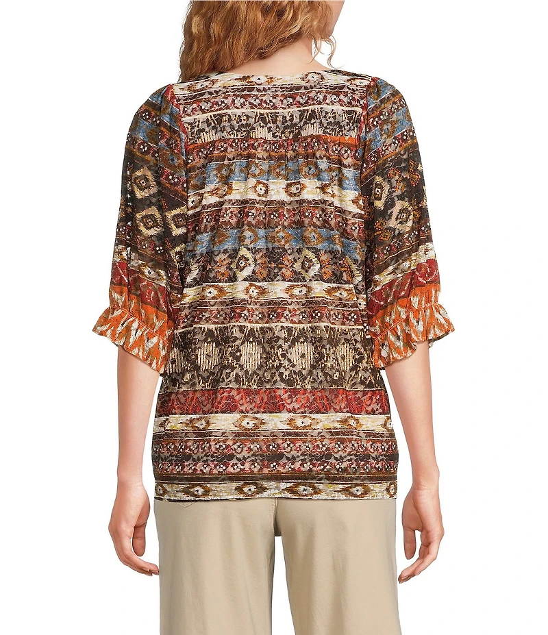 Calessa Petite Size Abstract Border Print Square Neck Elbow Sleeve Mesh Knit Tunic