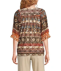 Calessa Petite Size Abstract Border Print Square Neck Elbow Sleeve Mesh Knit Tunic