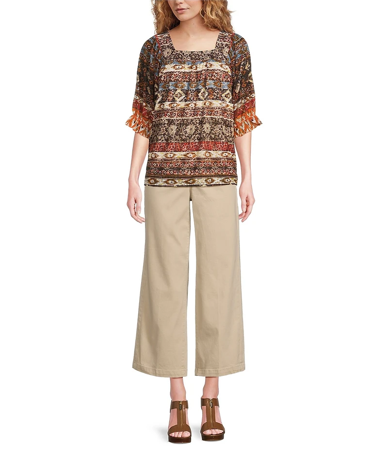 Calessa Petite Size Abstract Border Print Square Neck Elbow Sleeve Mesh Knit Tunic