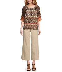 Calessa Petite Size Abstract Border Print Square Neck Elbow Sleeve Mesh Knit Tunic