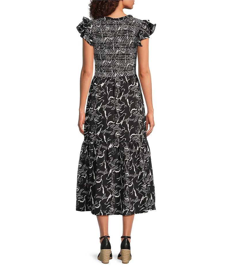 Calessa Petite Size Abstract Floral Scoop Neck Cap Sleeve A-Line Midi Dress