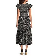 Calessa Petite Size Abstract Floral Scoop Neck Cap Sleeve A-Line Midi Dress