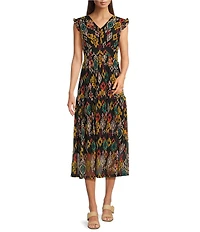 Calessa Petite Size Abstract Ikat Print Plunge V-Neck Cap Flutter Sleeve Smocked Tiered Dress