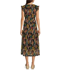 Calessa Petite Size Abstract Ikat Print Plunge V-Neck Cap Flutter Sleeve Smocked Tiered Dress