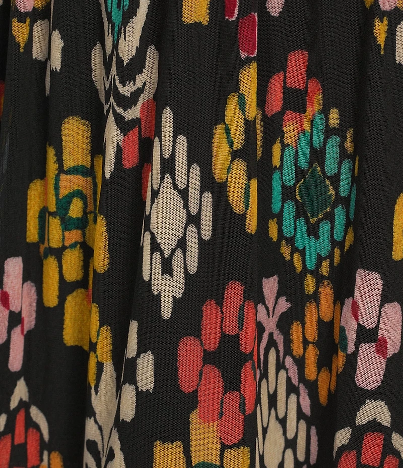 Calessa Petite Size Abstract Ikat Print Plunge V-Neck Cap Flutter Sleeve Smocked Tiered Dress