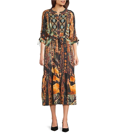 Calessa Petite Size Abstract Mosaic Embroidered Banded V- Neck 3/4 Sleeve Tiered A- Line Midi Dress