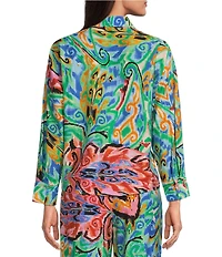 Calessa Petite Size Coordinating Abstract Mosaic Print Point Collar Long Sleeve Tie-Front Blouse
