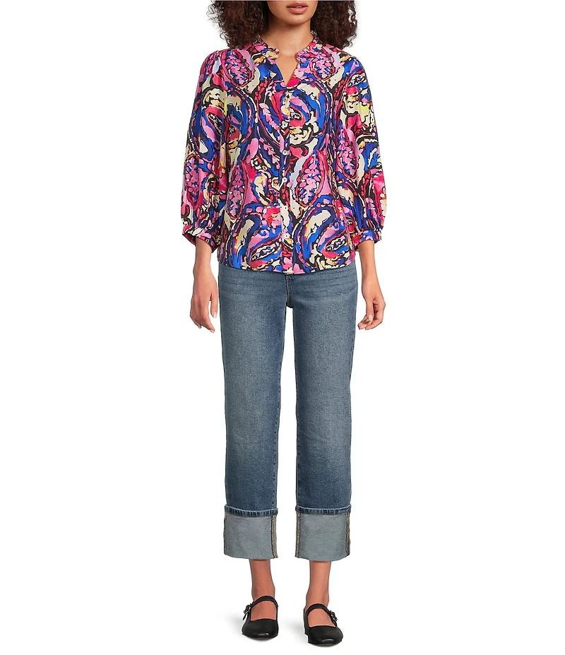 Calessa Petite Size Abstract Patchwork Round Split V-Neck 3/4 Sleeve Button Front Tunic