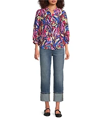 Calessa Petite Size Abstract Patchwork Round Split V-Neck 3/4 Sleeve Button Front Tunic