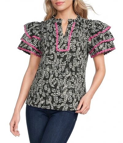 Calessa Petite Size Abstract Print Contrast Ric Rac Ruffle Layered Sleeve Top