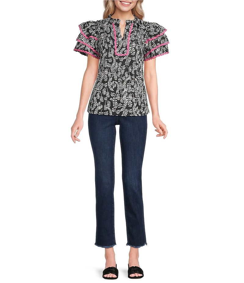 Calessa Petite Size Abstract Print Contrast Ric Rac Ruffle Layered Sleeve Top