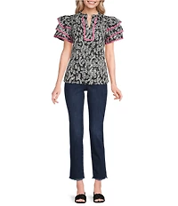 Calessa Petite Size Abstract Print Contrast Ric Rac Ruffle Layered Sleeve Top