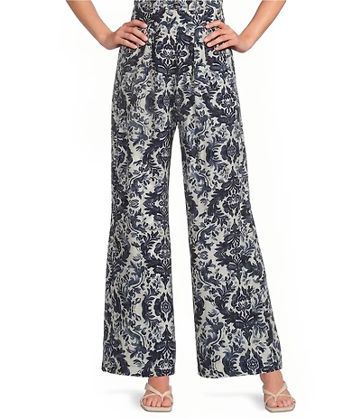 Calessa Petite Size Coordinating Antique Mosaic Print Pull-On Wide-Leg Pants
