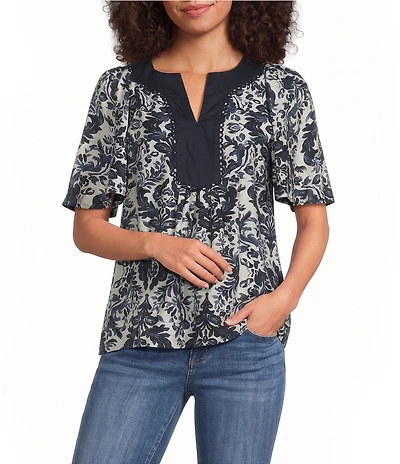 Calessa Petite Size Coordinating Antique Mosaic Print Split Round Neck Short Sleeve Tunic