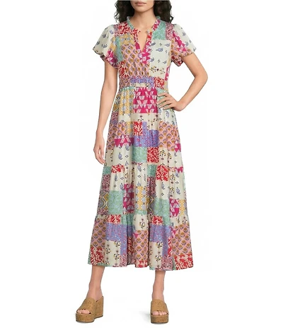 Calessa Petite Size Antique Mosaic Split V-Neck Short Puff Sleeve Tiered A-Line Midi Dress