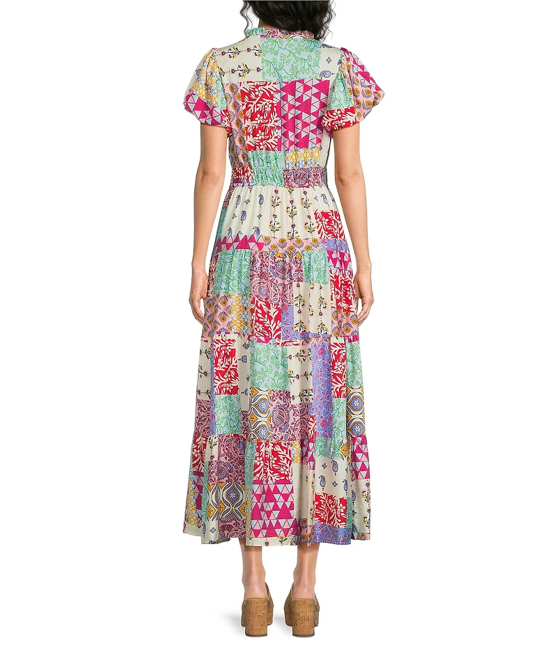 Calessa Petite Size Antique Mosaic Split V-Neck Short Puff Sleeve Tiered A-Line Midi Dress