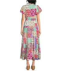 Calessa Petite Size Antique Mosaic Split V-Neck Short Puff Sleeve Tiered A-Line Midi Dress