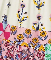 Calessa Petite Size Antique Mosaic Split V-Neck Short Puff Sleeve Tiered A-Line Midi Dress