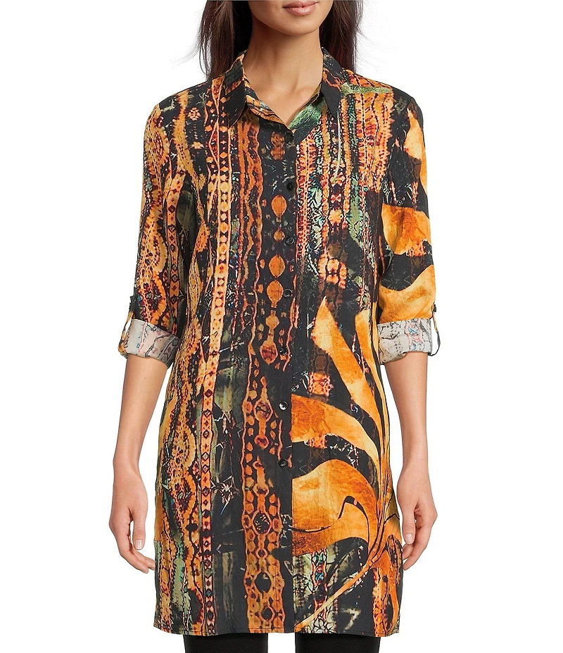 Calessa Petite Size Antique Patchwork Point Collar Long Sleeve Button Front Duster Tunic