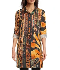 Calessa Petite Size Antique Patchwork Point Collar Long Sleeve Button Front Duster Tunic