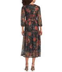 Calessa Petite Size Autumn Floral V-Neck 3/4 Sleeve Smocked Waist Tiered A-Line Midi Dress