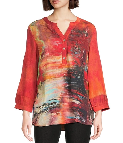 Calessa Petite Size Autumn Patchwork Split V-Neck 3/4 Sleeve Tunic