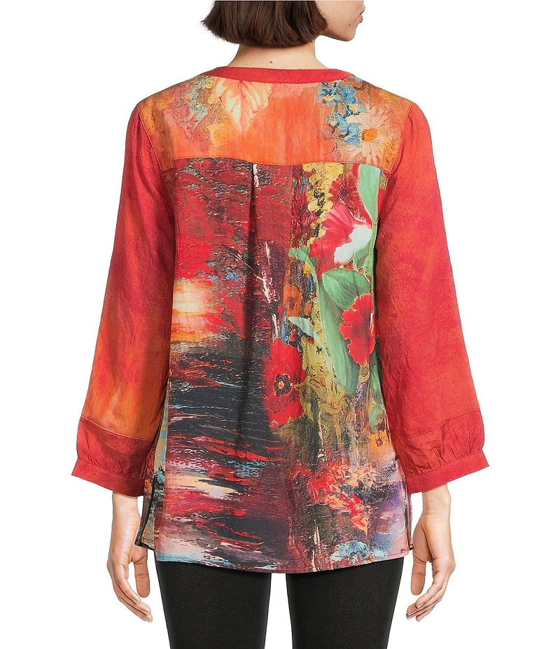 Calessa Petite Size Autumn Patchwork Split V-Neck 3/4 Sleeve Tunic
