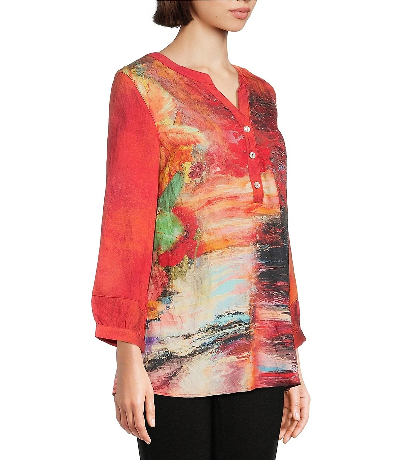 Calessa Petite Size Autumn Patchwork Split V-Neck 3/4 Sleeve Tunic