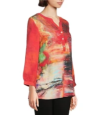 Calessa Petite Size Autumn Patchwork Split V-Neck 3/4 Sleeve Tunic