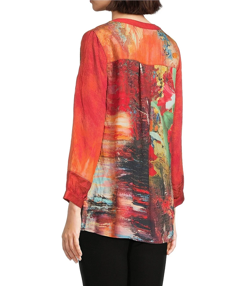 Calessa Petite Size Autumn Patchwork Split V-Neck 3/4 Sleeve Tunic
