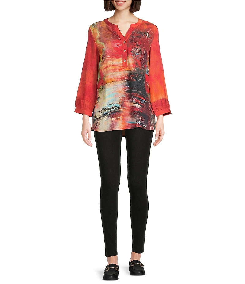 Calessa Petite Size Autumn Patchwork Split V-Neck 3/4 Sleeve Tunic